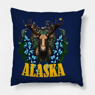 Eight Stars Of Alaska With Moose And Alpine Flowers Pillow