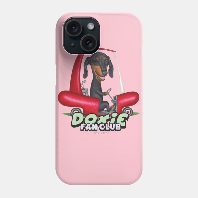 Cute Doxie Dog driving hotdog golf cart on Black Dachshund Driving Golf Cart Phone Case by Danny Gordon Art