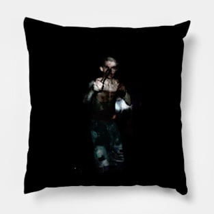 Special processing. Brutal guy, with two spikes, in fighting position. Dark, high contrast. Green and brown. Pillow