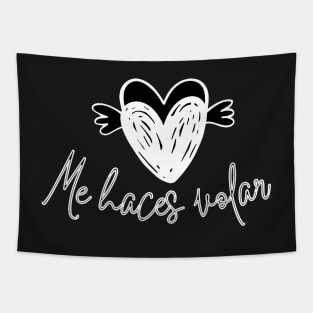 Motivational and romantic phrase in Spanish: You make me fly with two winged hearts. Tapestry