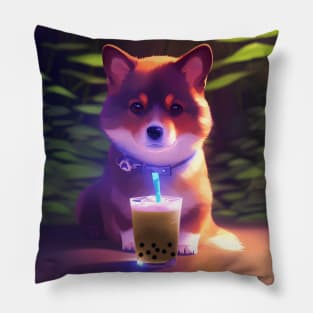 Cute corgi with boba bubble tea Pillow