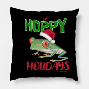 Cute Red Eyed Tree Frog on a Merry Christmas Hoppy Holidays Frog Pillow