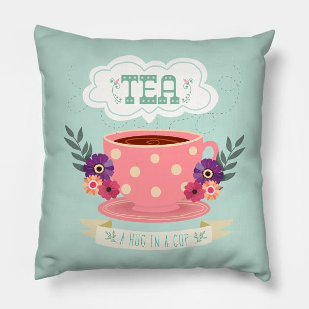 Tea Is A Hug In A Cup Pillow by LittleBunnySunshine