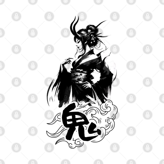 Horned Shadow Geisha, Mythical Japanese Demoness Art Tee by Yokai Realm