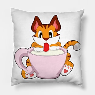 Tiger cat with Cup of Milk Pillow