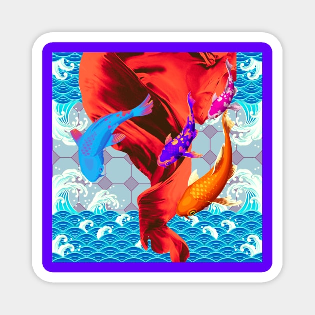 Purple Blue and Orange Koi Fish with a Deep Red Swirl Ocean- Happy Hong Kong Magnet by CRAFTY BITCH