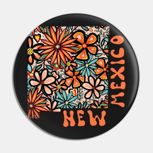 New Mexico State Design | Artist Designed Illustration Featuring New Mexico State Outline Filled With Retro Flowers with Retro Hand-Lettering Pin