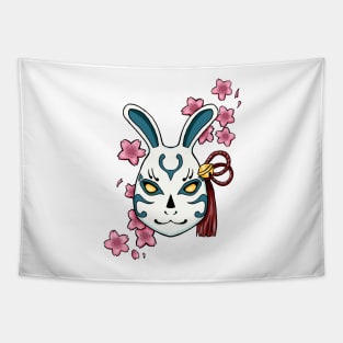 Blossoming Habits: A Cherry Blossom Japanese Mask Blue Tapestry