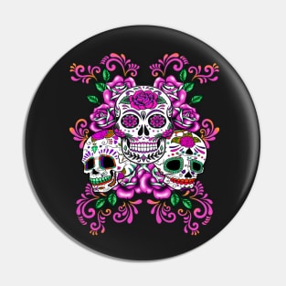 Triple Skull Pink Floral Day Of The Dead Sugar Skulls Pin