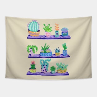 Succulents and Green Cactus on a Shelf Tapestry