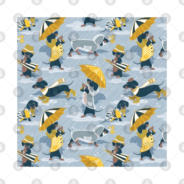 Ready For a Rainy Walk // pattern // pastel blue background dachshunds dogs with yellow and transparent rain coats by SelmaCardoso