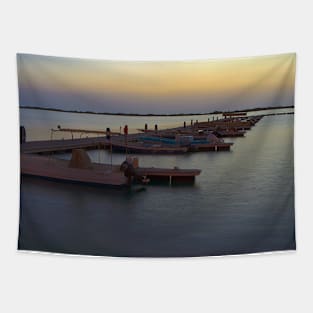 A Row of Colourful Boats Moored at the Jetty at Dusk Tapestry