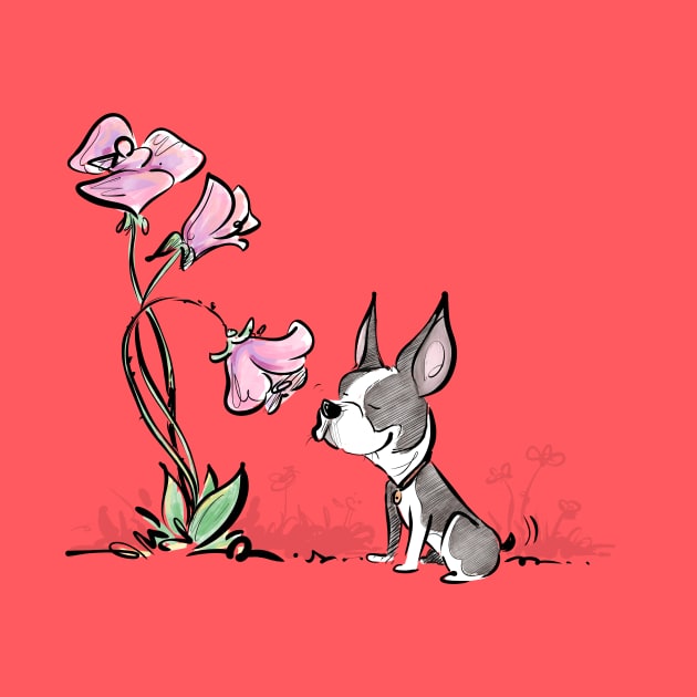 Boston Terrier Smelling Flowers (Color Version) by Jason's Doodles