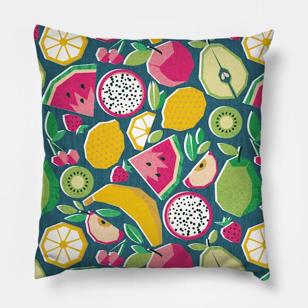 Paper cut geo fruits // pattern // teal background Pillow by SelmaCardoso