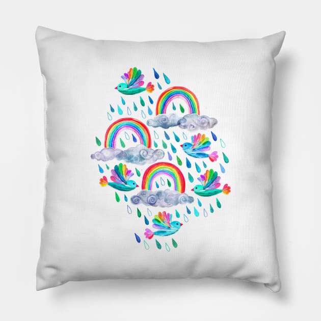 Spring Showers and Rainbow Birds on White Pillow by micklyn