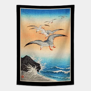 Five Seagulls Over Sea Beach Rocks Japan 1900s Ohara Koson Tapestry