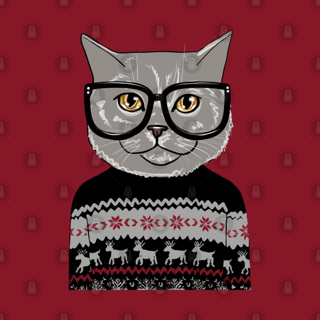 Grey Kitty Ugly Christmas Sweater by KilkennyCat Art