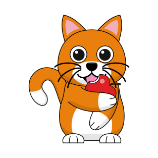 Cute Orange White Cat Eating Red Apple Cartoon T-Shirt