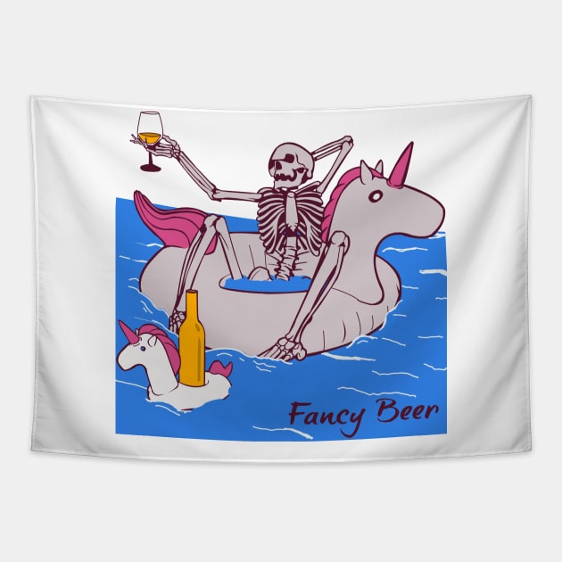 Funny Skeleton Sitting On A Unicorn In A Pool Drinking Fancy Beer Tapestry by StreetDesigns