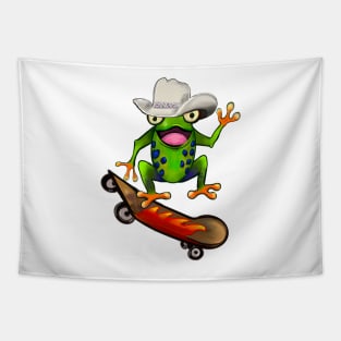 Frog - Kawaii Froggy Skateboarding Cute Frog Texas cowboy hat Funny toad toads amphibian tadpole Green Red eyed tree frogs rain forest Lizard dragon zoology gift frog Tapestry