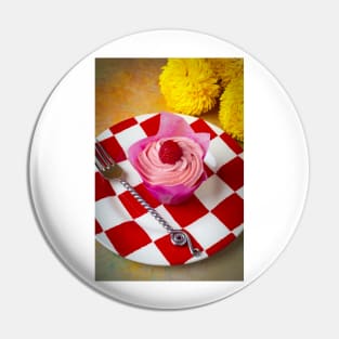 Pink Cupcake On Checker Plate With Yellow Mums Pin