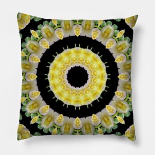 Mandala Kaleidoscope in Bright Yellow, Water Color Pink, Green, and Black Pillow