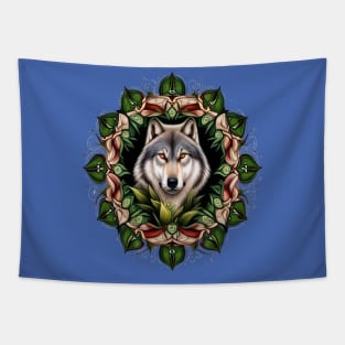 A Timber Wolf Surrounded By Lady's Slipper Minnesota State Tattoo Art Tapestry