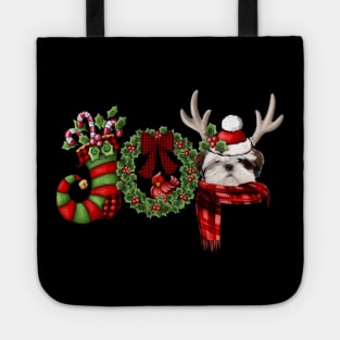 Christmas Joy Dwarf Stocking Reindeer White Shih Tzu Tote