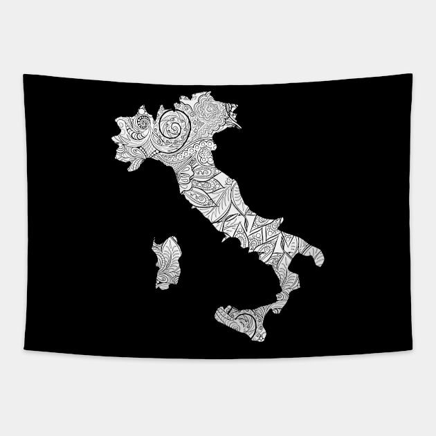 Mandala art map of Italy with text in white Tapestry by Happy Citizen