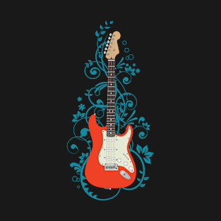 Red S-Style Electric Guitar Flowering Vines T-Shirt