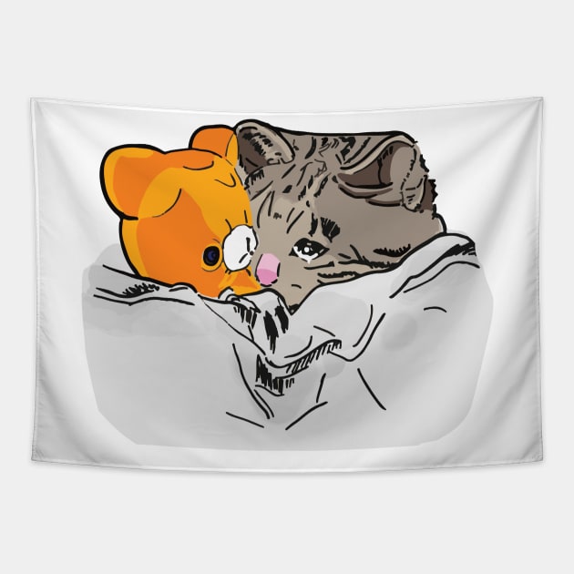 Sad Kitten Cat Crying bed with Teddy Meme Tapestry by alltheprints