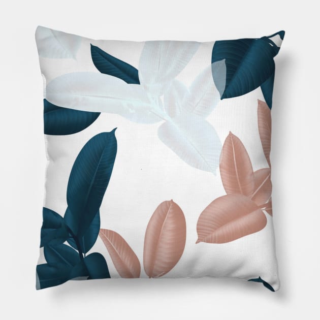 Rose Gold Pink, Navy Blue and White Leaves Botanical Design Pillow by IslandGirl Co.