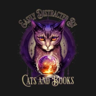 Easily Distracted By Books and Cats Design T-Shirt