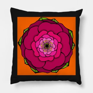 Graphic flower in red-pink tones on orange background Pillow