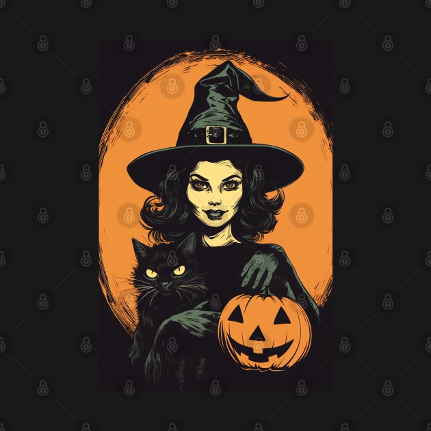 Vintage Retro Halloween Witch with Black Cat and Jack-O-Lantern by AI Art Originals