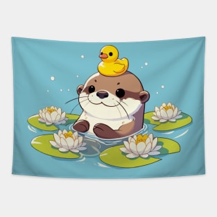 Kawaii Anime Otter Bath With Rubber Bath Duck Tapestry