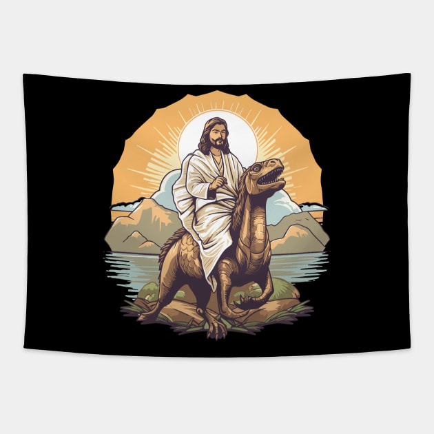 Jesus Christ on a Velociraptor Funny Dinosaur Meme Tapestry by DanielLiamGill