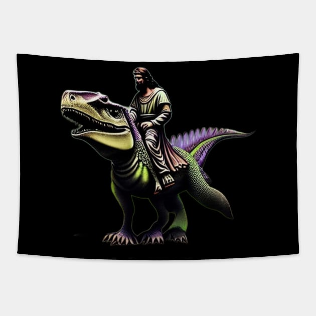 Jesus Christ on a Dinosaur Tapestry by D's Tee's