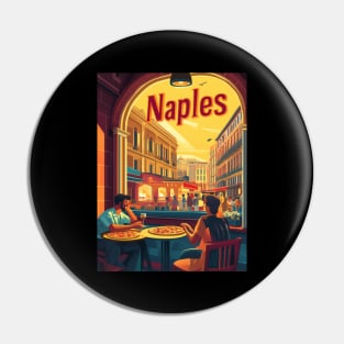 Two people savor delicious pizza at an outdoor cafe in Naples, surrounded by lively streets and beautiful buildings as the sun sets, Pin