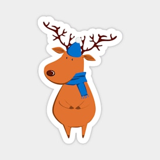 Funny Christmas Reindeer in Blue Hat & Scarf Magnet