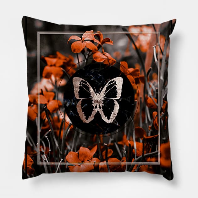 Aesthetic beautiful bloom flowers butterfly love romantic marble gold elegant vintage retro red Pillow by AGRHouse