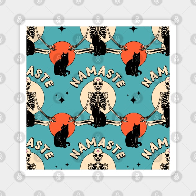 Yoga Namaste Black Cat Pattern in blue Magnet by The Charcoal Cat Co.