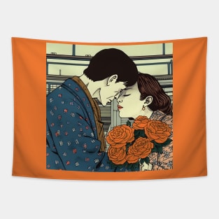 Cartoon Couple Kissing and holding Flowers Tapestry