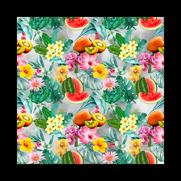 Vibrant tropical leaves pattern, watermelon illustration, tropical plants, grey colorful tropical fruits by Zeinab taha