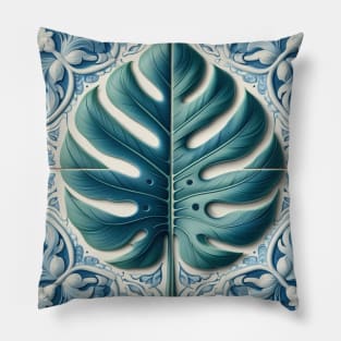 Classic Delft Tile With Monstera Leaf No.4 Pillow