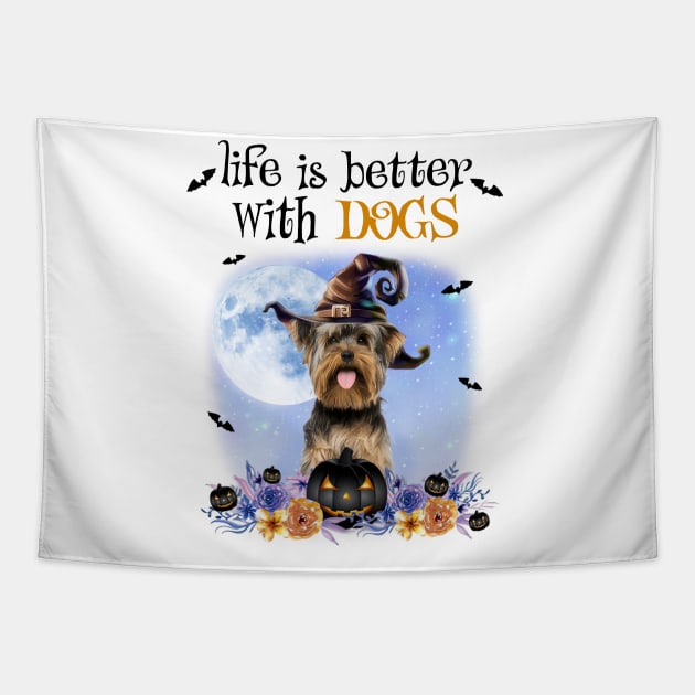 Yorkshire Terrier Witch Hat Life Is Better With Dogs Halloween Tapestry by TATTOO project