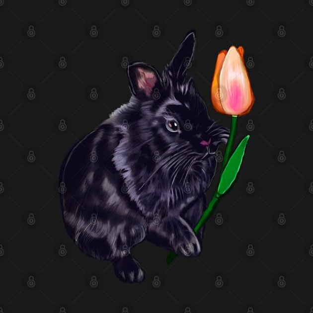 Cute black lionhead bunny rabbit with orange tulip -  Rabbits by Artonmytee