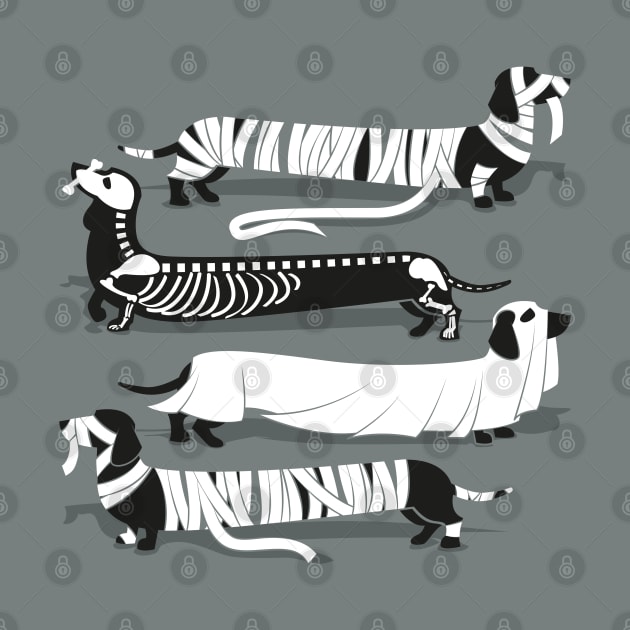 Spooktacular long dachshunds // spot // green grey background mummy ghost and skeleton dogs by SelmaCardoso