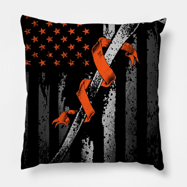 Flag American Firefighter Hunger Awareness Orange Ribbon Warrior Pillow by celsaclaudio506