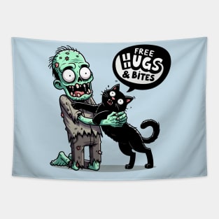 Free Hugs and bites - Zombie hugging black cat Tapestry